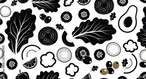 Seamless pattern of salad ingredients black and white art