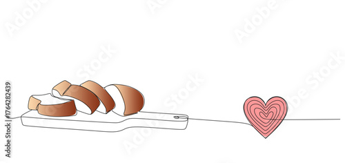 Vector illustration of sliced bread on a cutting board with a pink heart symbol beside it, drawn in continuous line style. Minimalist one-line art representing love for cooking, homemade food