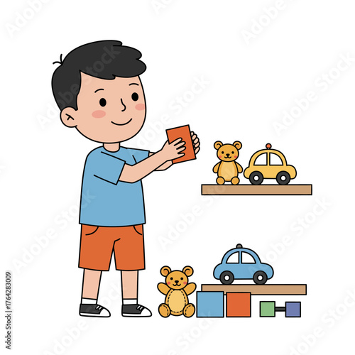 Smiling cartoon boy with black hair in a blue shirt and orange shorts organizing his toys.