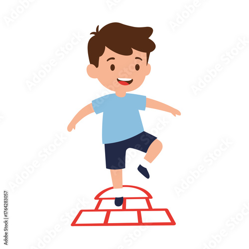 Smiling cartoon boy with brown hair in a blue shirt and shorts happily playing hopscotch and balancing on one leg.