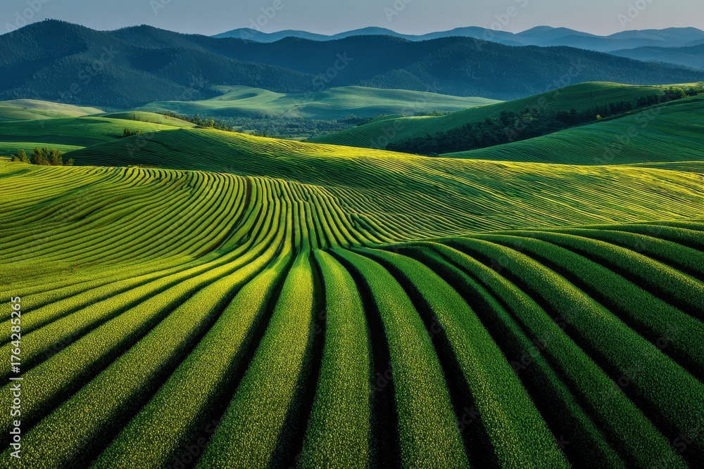 Obraz premium Rolling green hills with linear pattern and mountains backdrop. Perfect for nature, agriculture, travel or peaceful background.