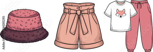 Casual fashion outfit set, bucket hat, peach shorts, graphic fox t‑shirt, pink jogger pants, stylish clothing, cad drawing flat vector illustration