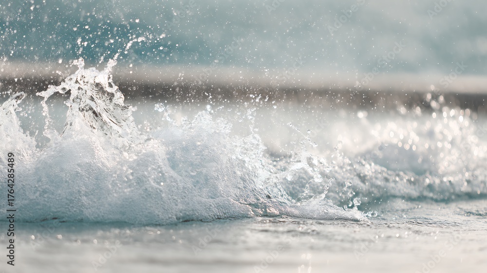 Naklejka premium Splashing Wave Cresting at the Shoreline, Capturing the Energy of the Ocean in a Detailed Nature Scene