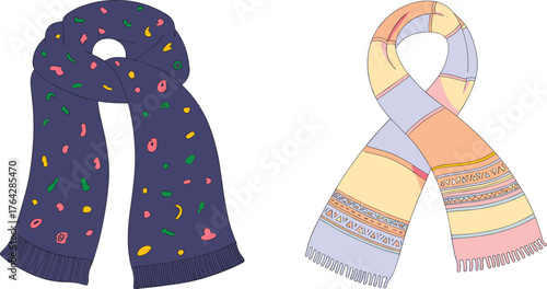 Colorful abstract and pastel striped scarves, fashion textile accessories, cozy winter wear, cad drawing flat vector illustration, stylish design elements