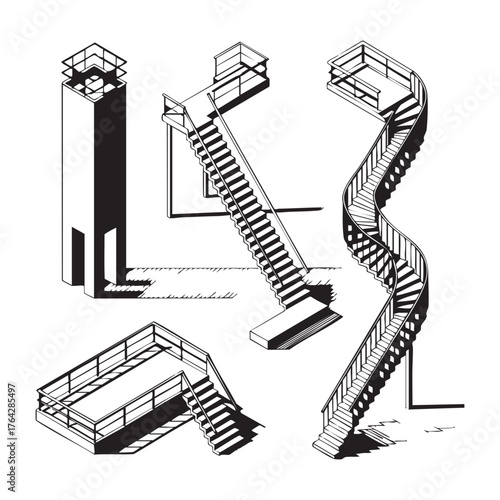 Black and white isometric architectural stairs and platforms with shadows staircase