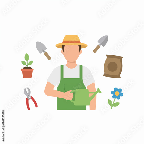 Dedicated gardener with tools and watering can nurturing healthy plants