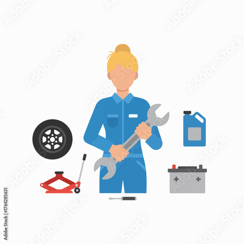 Skilled female mechanic ready for auto repair with tools and parts