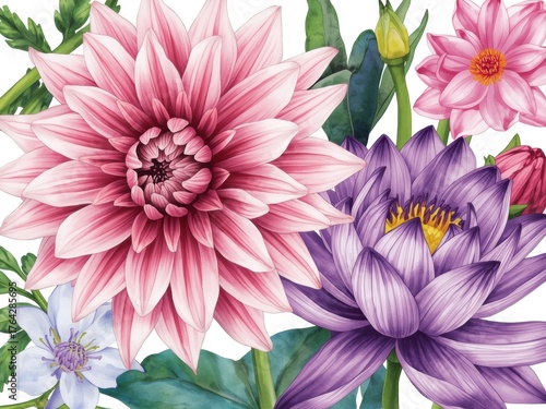 Elegant watercolor floral bouquet featuring vibrant pink dahlias and purple water lilies for spring design