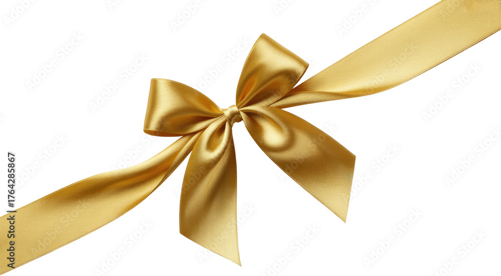 Fototapeta premium Gold satin gift bow on a diagonal ribbon for celebration Isolated on transparent background