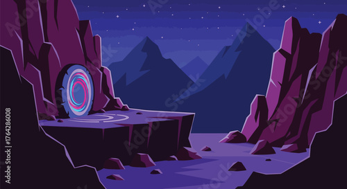 Fantasy landscape with portal vector illustration background