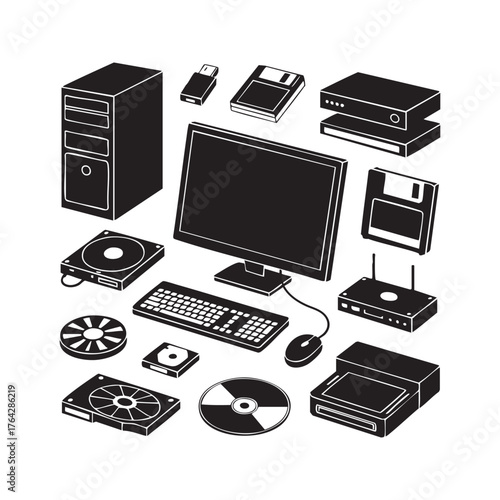 Black silhouette computer components and storage devices arranged on white background