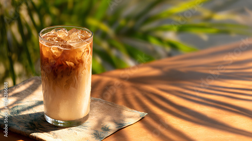 Vietnamese iced coffee with sweetened condensed milk layered in a clear cup, tropical napkin and shadow play, left sid