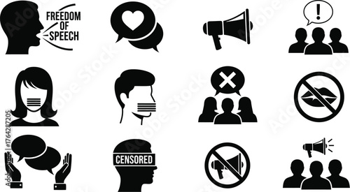 Freedom of speech censorship and expression vector icon set art