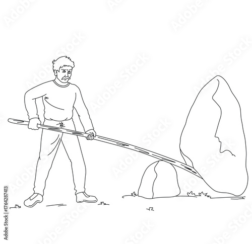 Science of hand drawn vector man using lever and trying to lift a rock, from the ground outline.