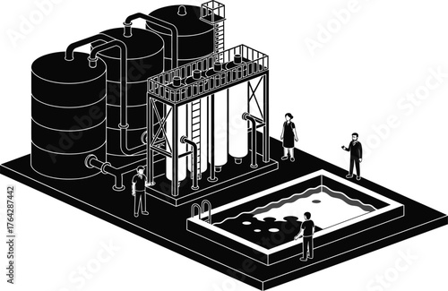 Industrial water treatment plant isometric view black and white
