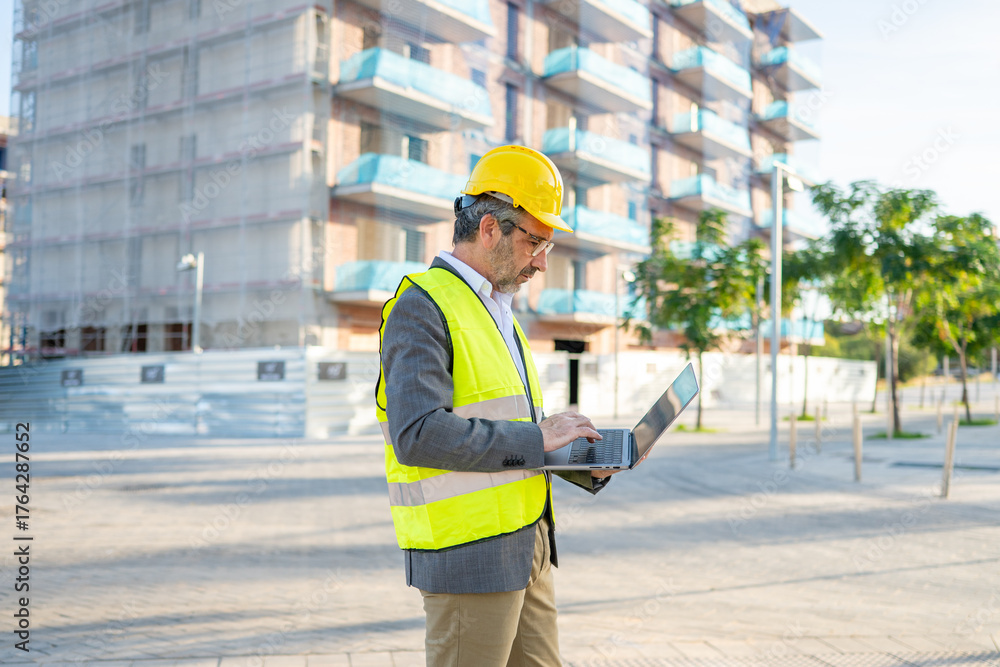 Obraz premium Architect working on laptop at construction site