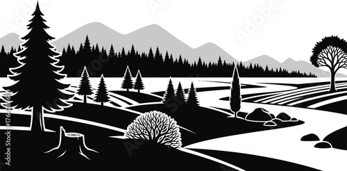 Black and white landscape vector graphic with mountains and trees