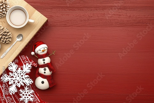 Christmas table background with snowman, coffee cup, and festive decorations on red wooden texture in flat lay top view composition for holiday banner and seasonal design