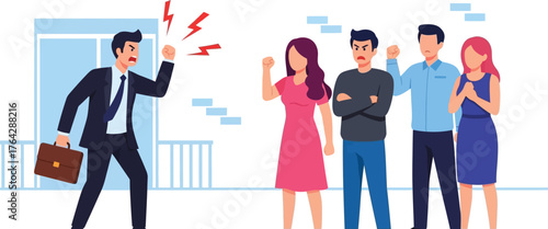 Angry boss yelling at employees business conflict management vector