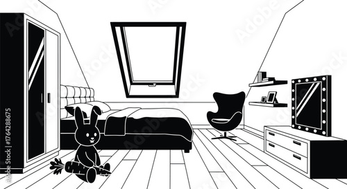 Bedroom interior design black and white modern attic illustration