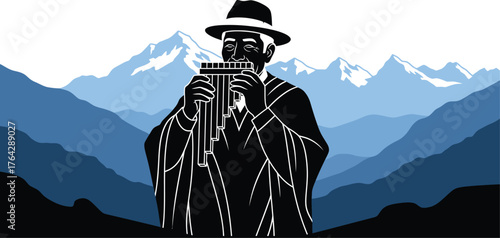 Andean musician playing panpipes in mountain landscape illustration