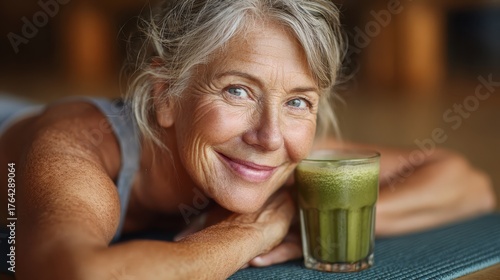 Smiling senior woman resting with green smoothie after yoga. It shows healthy living and self care are important in retirement.