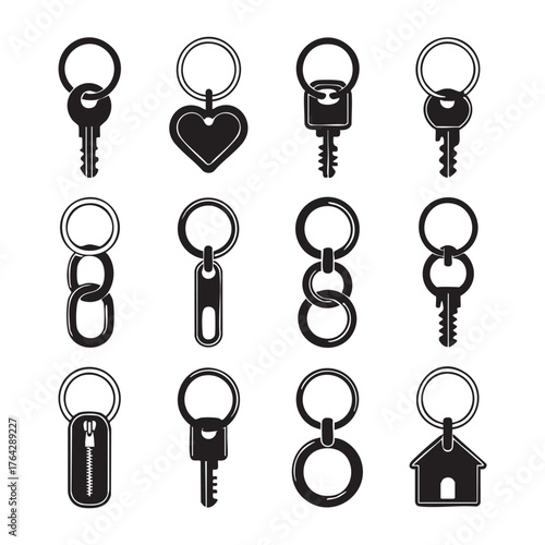 Collection of black silhouette keychains with keys zipper heart house and chain links