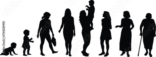 Female life stages silhouette, crawling baby, toddler, young girl, teenage student, adult woman, mother with child, middle aged, senior lady, elderly woman with cane