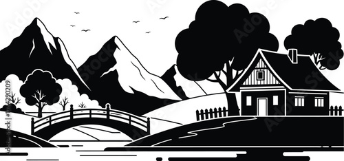 Black and white mountain landscape with house and bridge vector