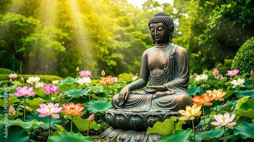 Enlightenment Through Serenity Bronze Buddha Statue Surrounded by Vibrant Lotus Flowers with Soft Sunlight Filtering Through Lush Green Foliage Radiating Peace and Tranquility