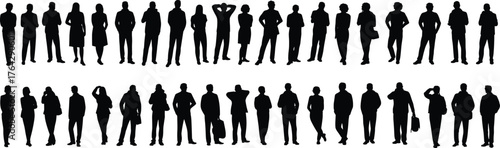 Silhouette people collection, standing poses, business men women, casual stances, vector illustration, black figures, diverse characters, posture set, design elements, crowd icons, lifestyle