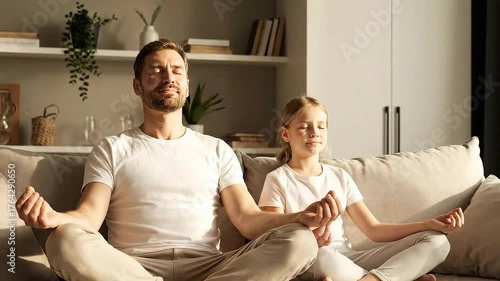 Father and Daughter Meditating Together at Home on Sofa in Sunlight  Mindful Family Practices Yoga and Spiritual Growth for Well Being Calmness and Stress Relief with Natural Light