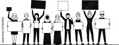 Diverse group of people protesting holding signs vector graphic