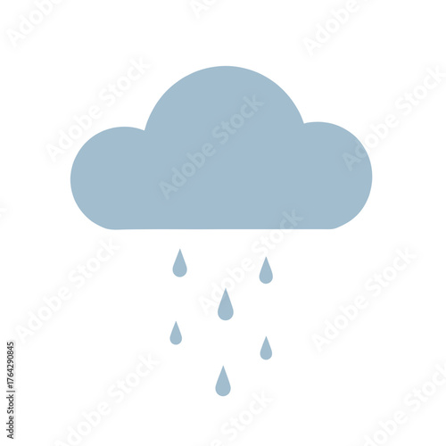 A simple, stylized illustration of a light blue rain cloud with several falling raindrops against a stark white background.