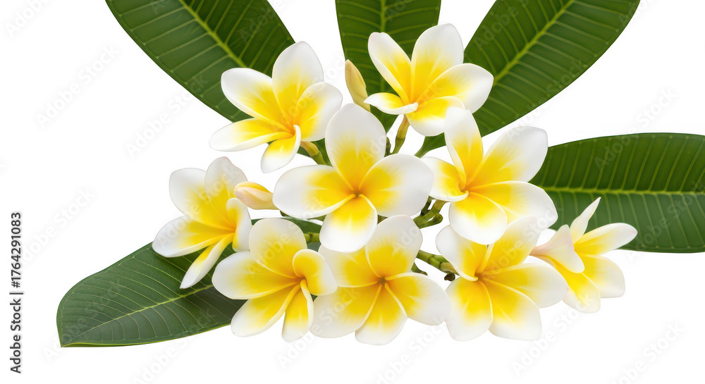 Obraz premium White And Yellow Plumeria Flowers With Green Leaves On Black