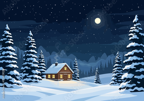Enchanting winter night landscape featuring a charming snow-covered cabin nestled among frosted pine trees, illuminated by moonlight and glowing windows, creating a peaceful, dreamlike visual effect