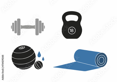 Fitness equipment set weights mat and exercise ball