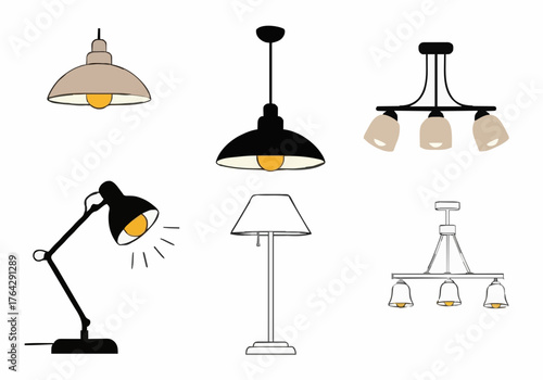 Collection of lamps and lighting fixtures on white