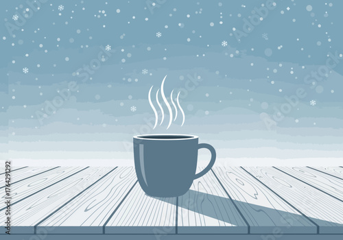 Warm mug of steaming coffee on a snowy wooden table, evoking cozy winter comfort and peaceful moments amidst falling snowflakes