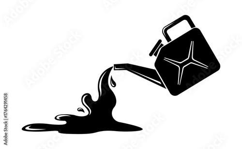 Fuel canister pouring oil vector illustration. Black silhouette of gasoline jerrycan spilling liquid, oil leak, or fuel waste icon isolated on white background.