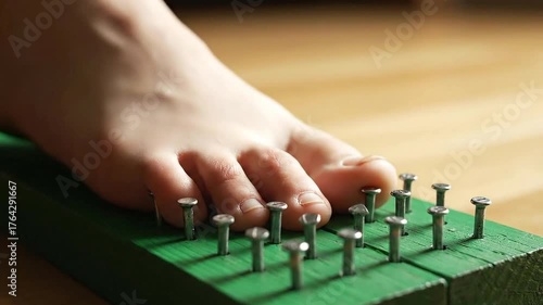 Foot on Nail Board for Meditation and Mind Control over Body in Close Up Shot with Brown Wooden Background and Bright Soft Lighting in Studio Concept for Stress Relief and Mental Balance