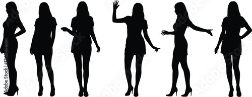 Black silhouette woman standing poses, female fashion figure in dress and heels, body language gestures, stylish model outline, vector illustration design element