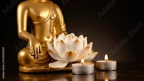 Golden Buddha Statue with White Lotus and Candles on Black Background Symbolizing Meditation and Spirituality for Inner Peace Spiritual Harmony and Well-being Seeking Enlightenment