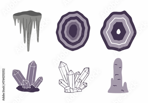 Variety of purple crystals and geode illustration