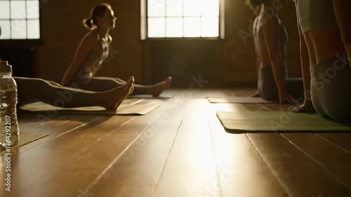 Group Meditation and Spiritual Practice at Studio with Hardwood Floor and Natural Lighting in a Yoga Class Setting Demonstrating Harmony with Water Bottle Placement
