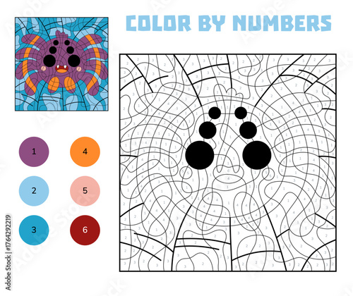Cute spider and web color by number activity for kids. Fun Halloween educational coloring page with numbers. Autumn printable worksheet for preschool and kindergarten children