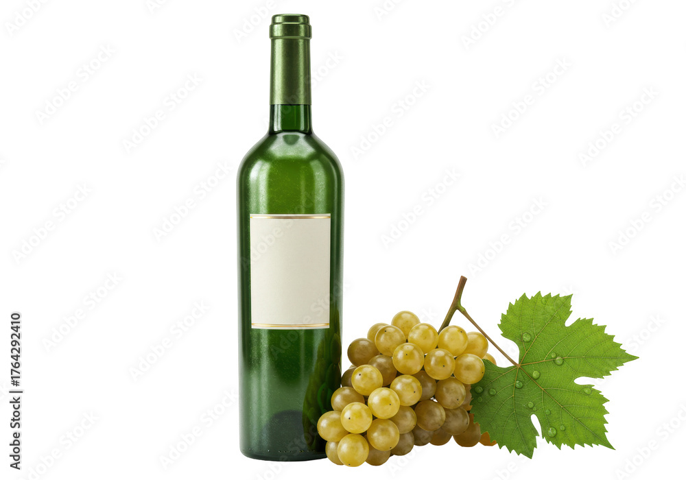 Obraz premium Isolated Wine Bottle with Grapes and Leaf Still Life in Studio Shot for Design Template