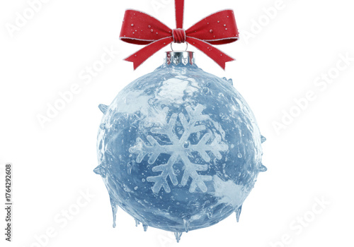 Isolated frozen Christmas ornament with a sparkling red bow and delicate snowflake design a festive winter holiday decoration