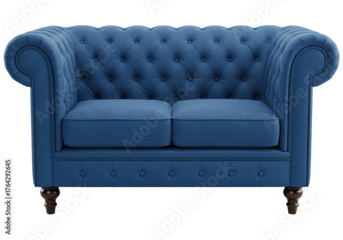 Isolated elegant blue velvet Chesterfield loveseat classic two seater sofa furniture for luxurious interior design comfort and style