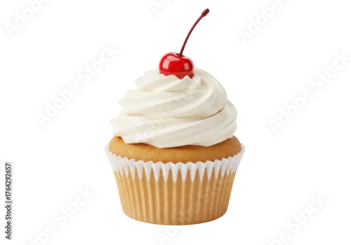 Obraz  z motywem Isolated delicious vanilla cupcake with creamy frosting and a bright red cherry on top a sweet baked dessert treat for celebrations